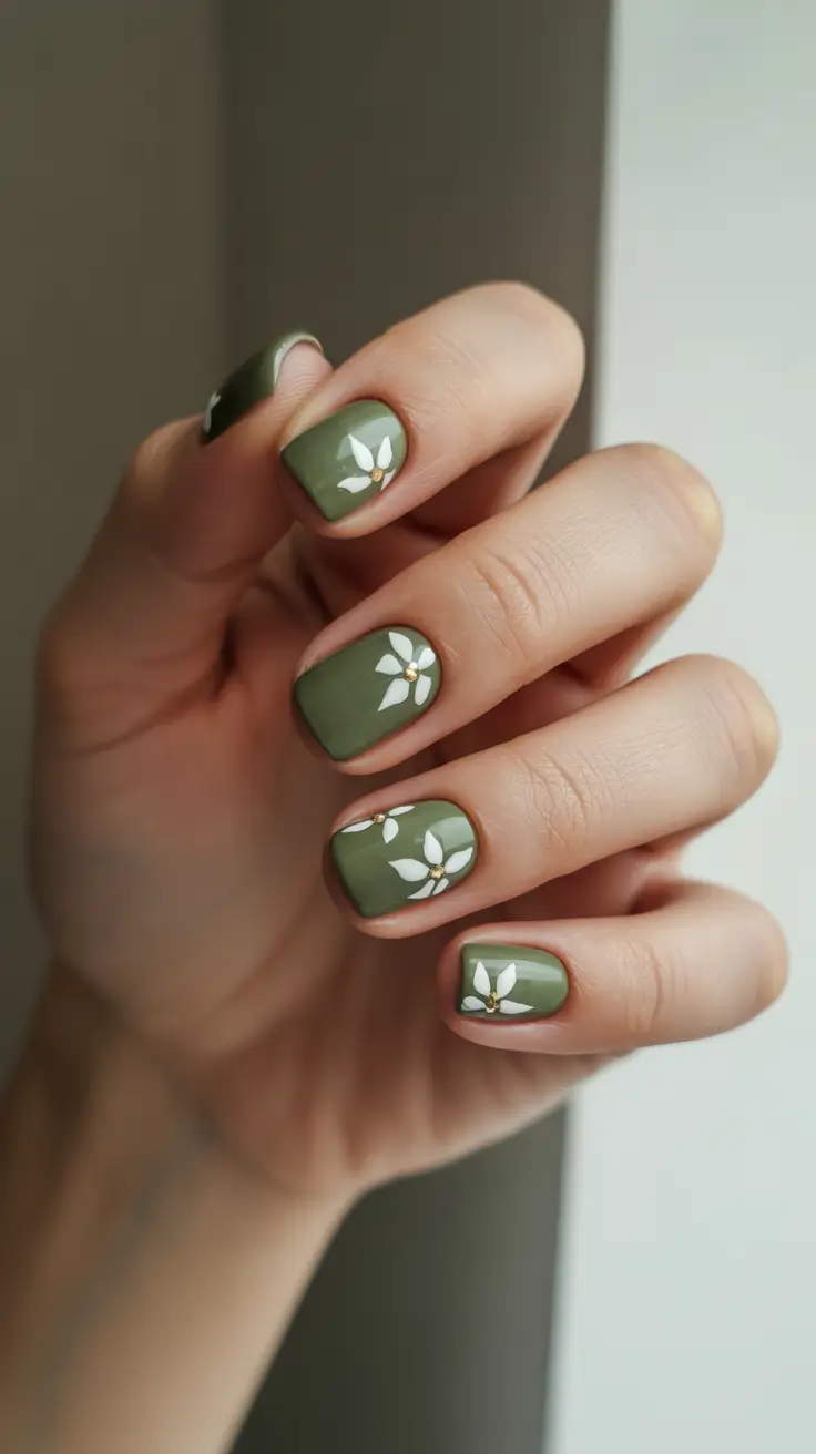 green nail designs 2026 Sage Florals With Minimal Gold Detail