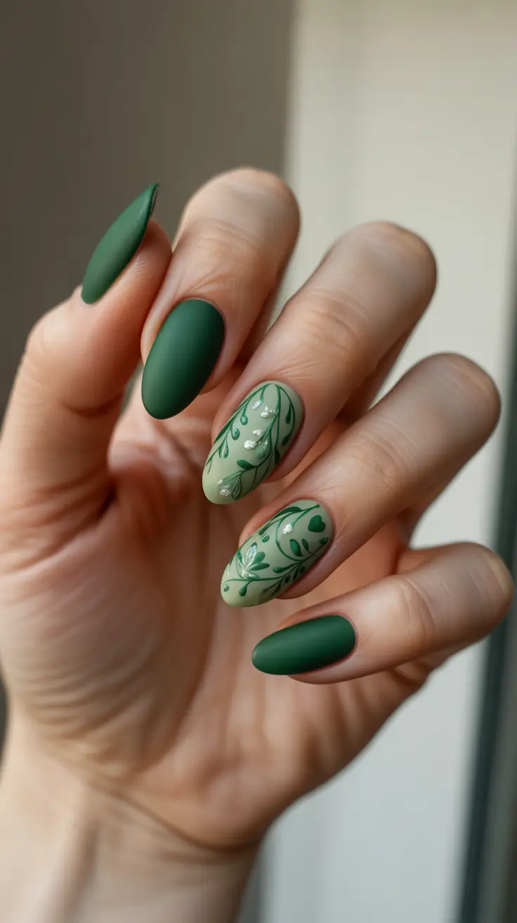 green nail designs 2026 Matte Forest Almond With Leafy Detail