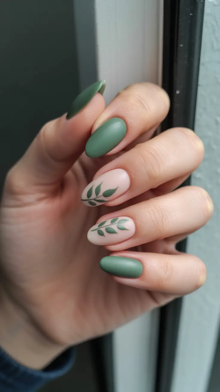 green nail designs 2026 Soft Sage And Nude Leaf Branch Minimal