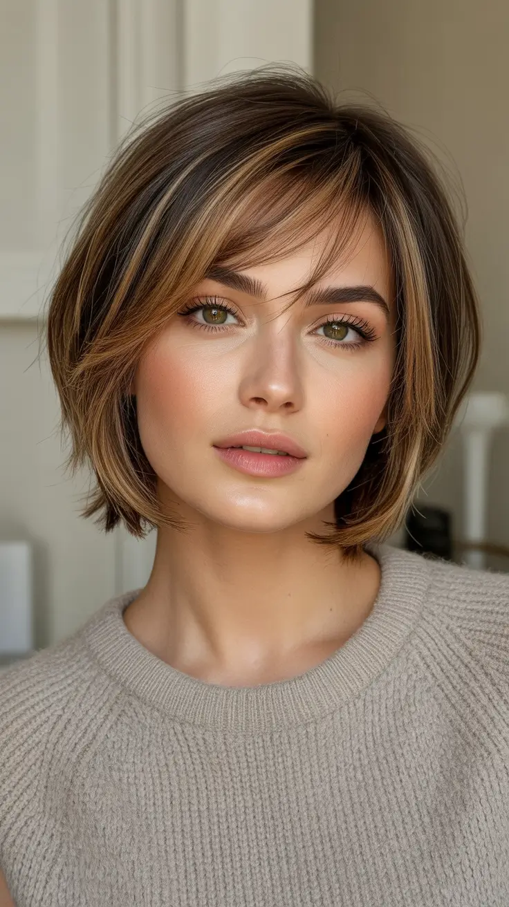Latest haircut styles 2026 - Soft Fringe Micro Bob With Golden Ribbons