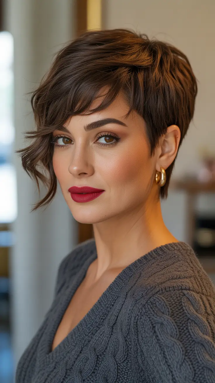 Latest haircut styles 2026 - Textured Brunette Pixie With Side Wave