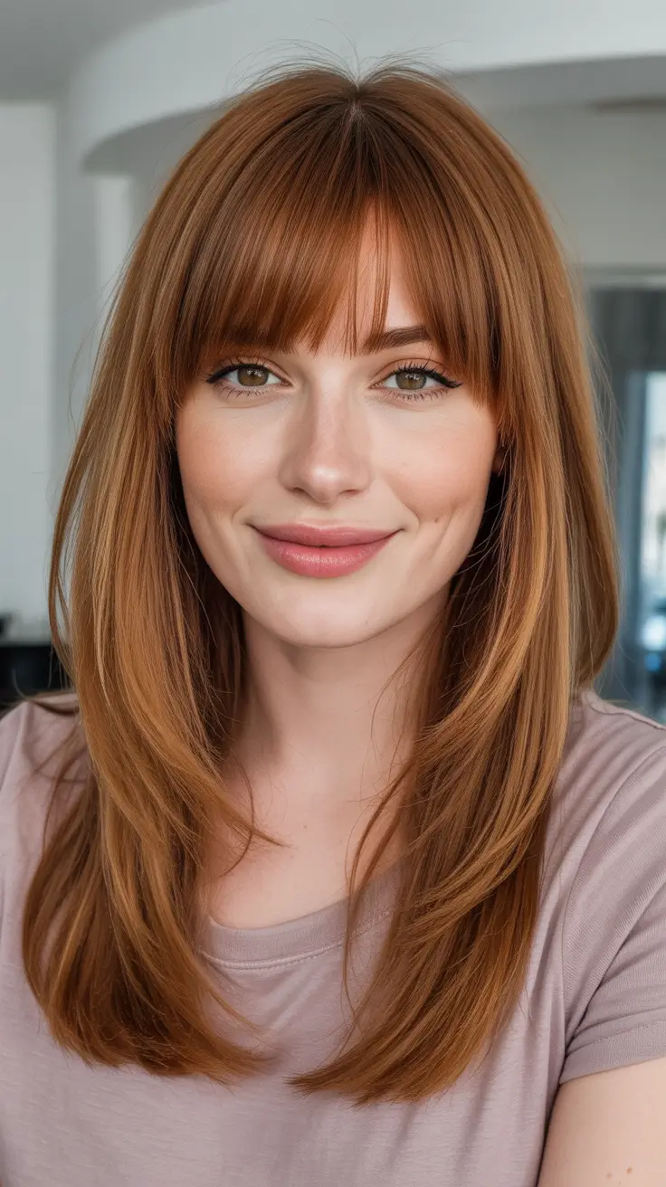Latest Haircut Styles 2026 Long Copper Layers With Full Fringe