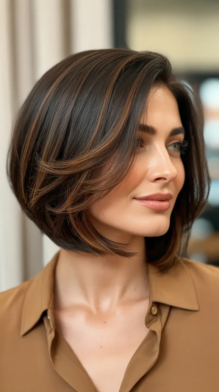 Latest Haircut Styles 2026 Sleek Rounded Bob With Caramel Highlights