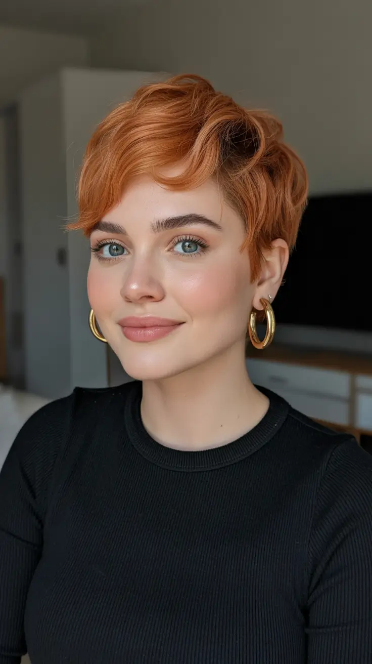 Stylish hairstyles for round faces 2026 Soft Copper Pixie With Airy Volume