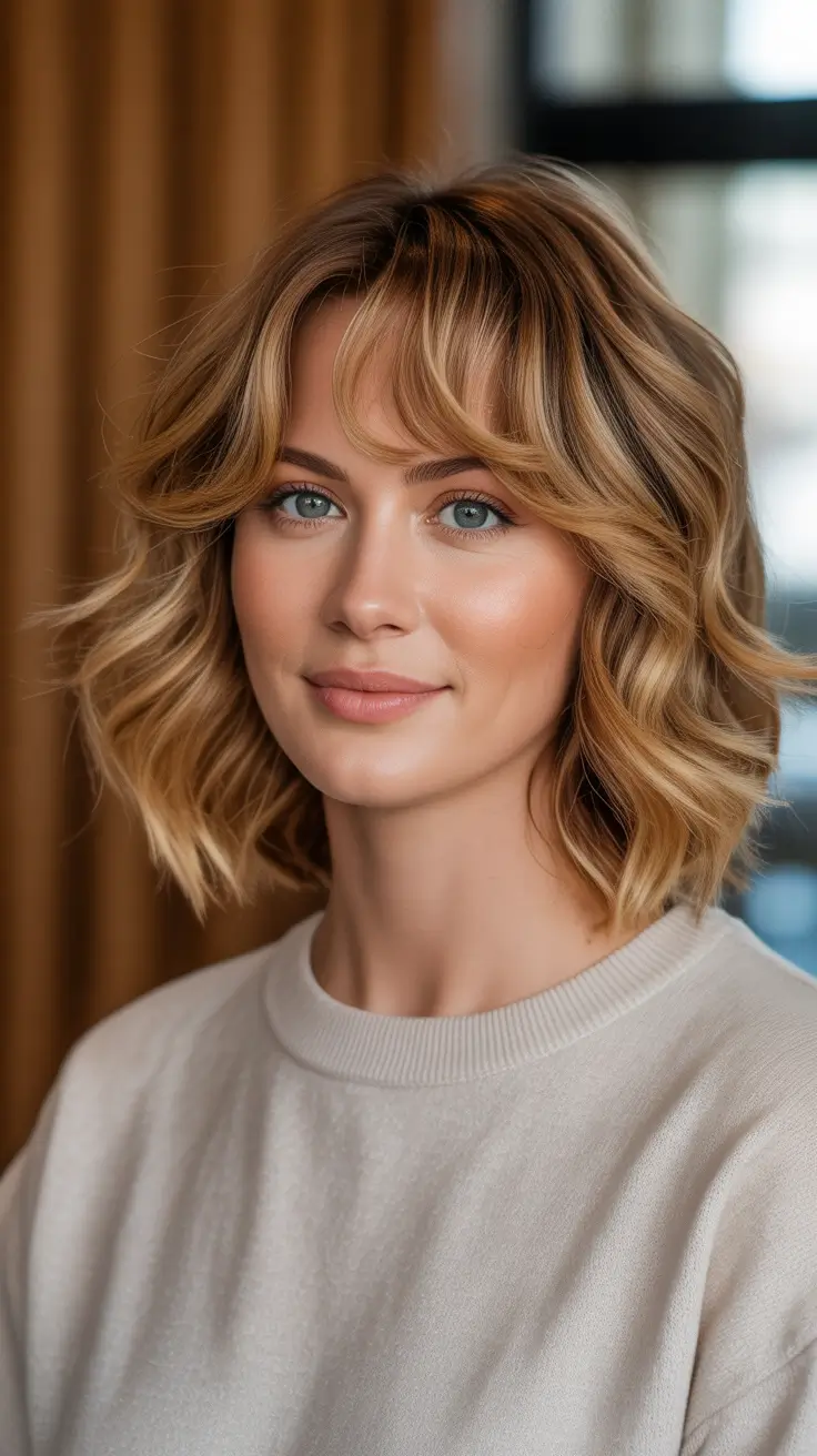 Stylish hairstyles for round faces 2026 Textured Blonde Bob With Soft Curtain Bangs