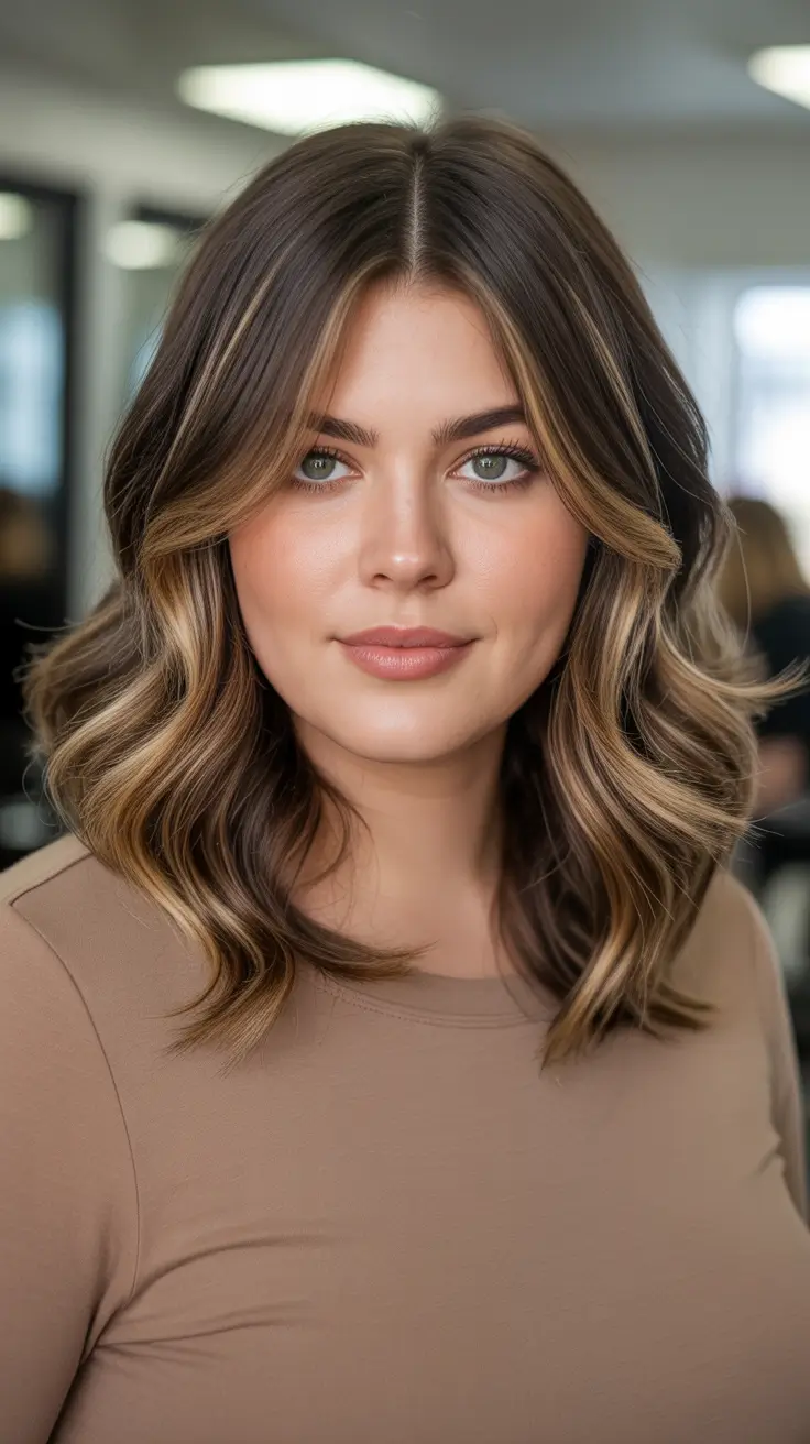 Stylish hairstyles for round faces 2026 Soft Balayage Lob With Sleek Center Part