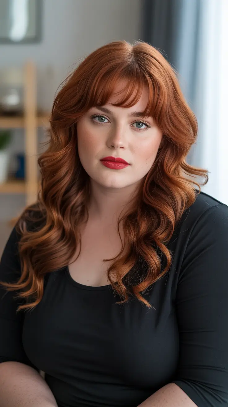 Stylish hairstyles for round faces 2026 Romantic Copper Waves With Full Fringe