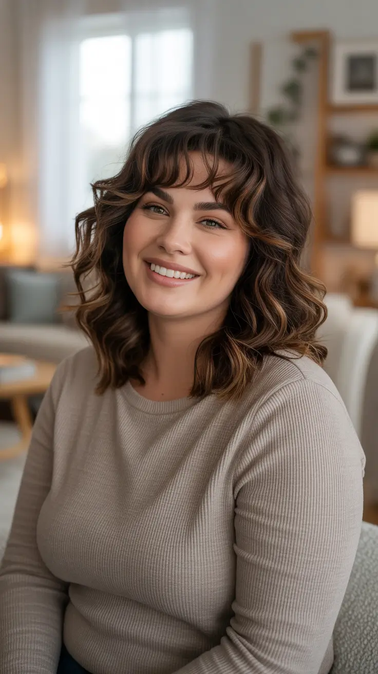 Stylish Hairstyles For Round Faces 2026 - Bouncy Curly Lob With Soft Baby Bangs