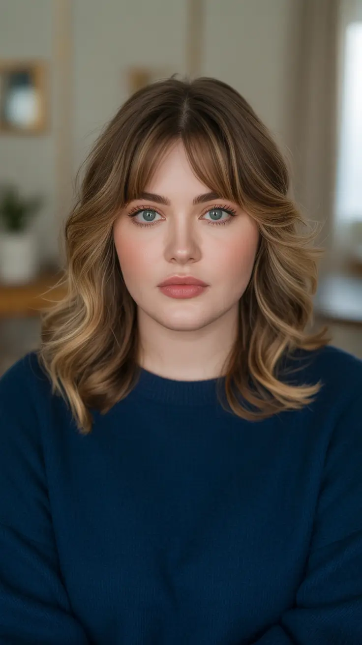 Stylish Hairstyles For Round Faces 2026 - Soft Mid Length Waves With Airy Curtain Fringe