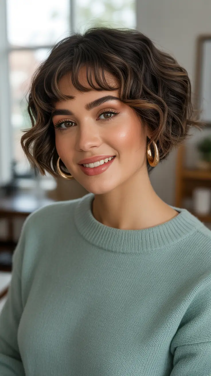 Stylish hairstyles for round faces 2026 Curly Bob With Soft Fringe And Caramel Accents