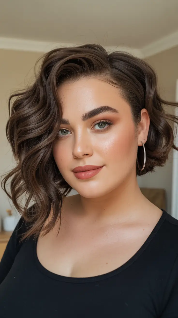 Stylish Hairstyles For Round Faces 2026 - Side Parted Short Curly Bob With Sculpted Waves