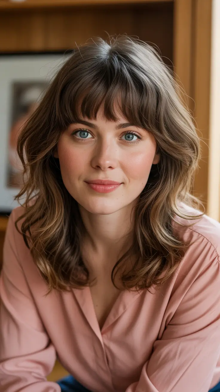 Stylish Hairstyles For Round Faces 2026 - Soft Shaggy Medium Cut With Full Fringe