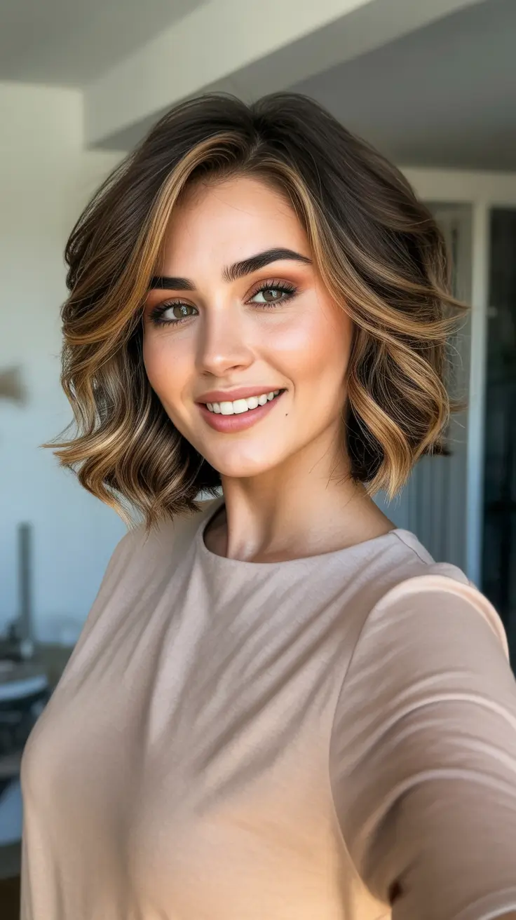 Stylish hairstyles for round faces 2026 Wavy Lob With Soft Face Framing Highlights