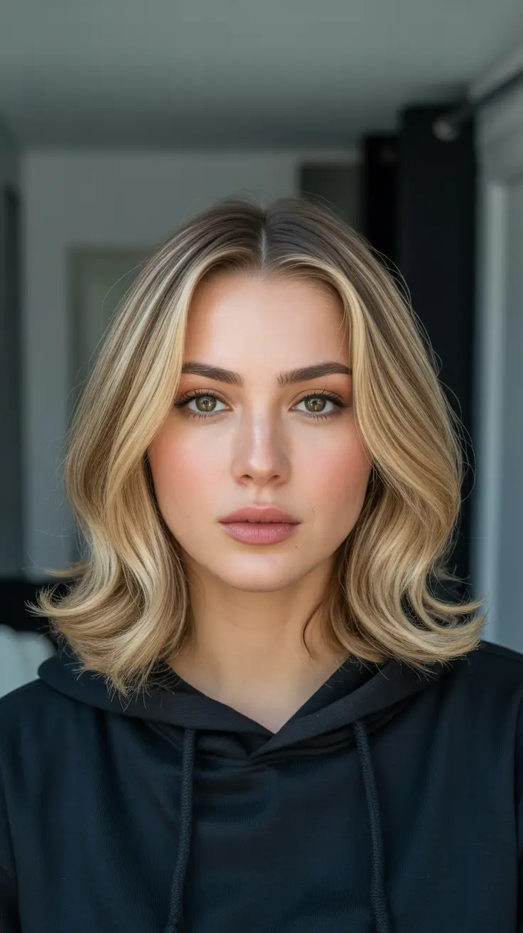 Stylish hairstyles for round faces 2026 Blonde Midi Cut With Sleek Center Part