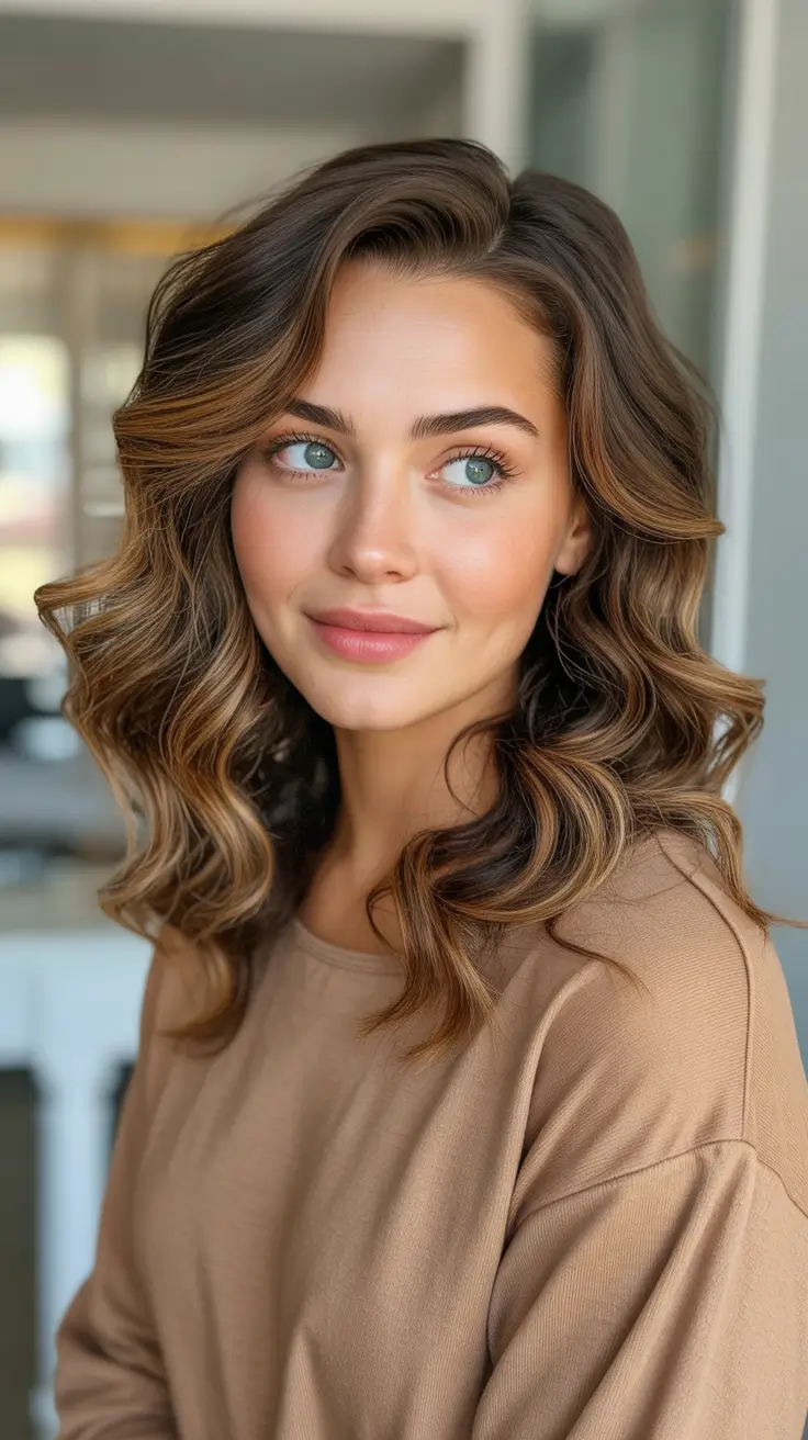 Stylish hairstyles for round faces 2026 Long Soft Waves With Dimensional Brunette Color