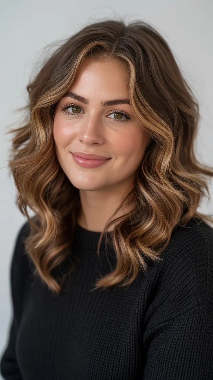 Stylish Hairstyles For Round Faces 2026 - Soft Wavy Lob With Caramel Highlights