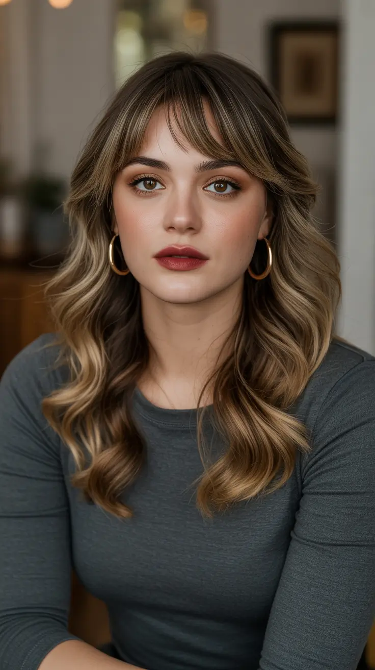 Stylish Hairstyles For Round Faces 2026 - Long Waves With Soft Curtain Bangs