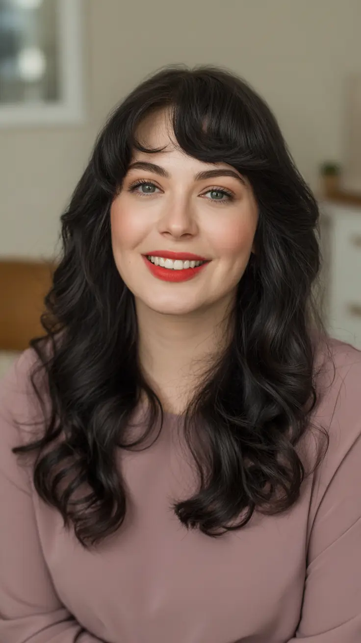 Stylish Hairstyles For Round Faces 2026 - Glossy Curls With Full Front Fringe