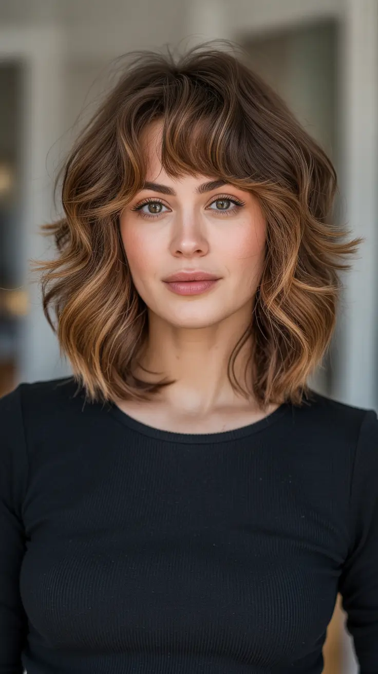 Stylish Hairstyles For Round Faces 2026 - Textured Medium Bob With Airy Bangs