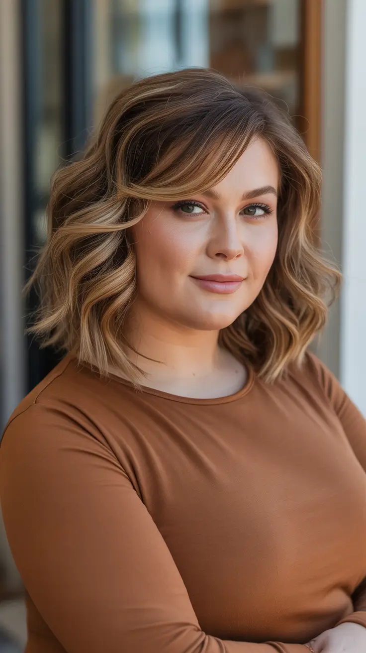 Slimming haircuts for chubby faces 2026 Textured Lob With Side Swept Fringe