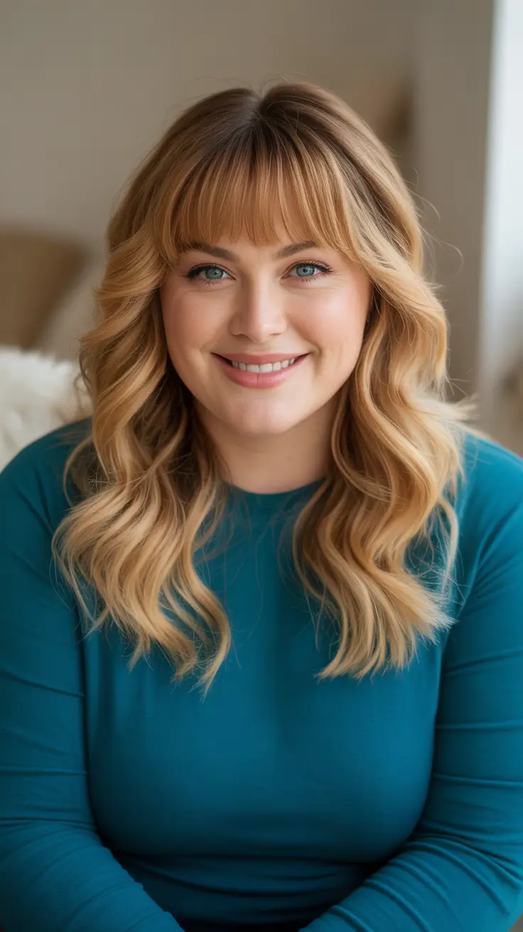 Slimming haircuts for chubby faces 2026 Long Blonde Waves With Full Fringe