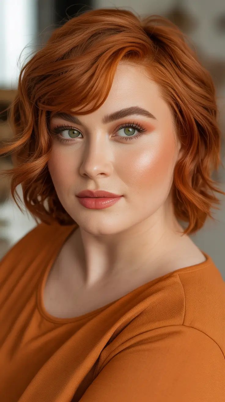 Slimming haircuts for chubby faces 2026 Copper Shaggy Bob With Loose Curls