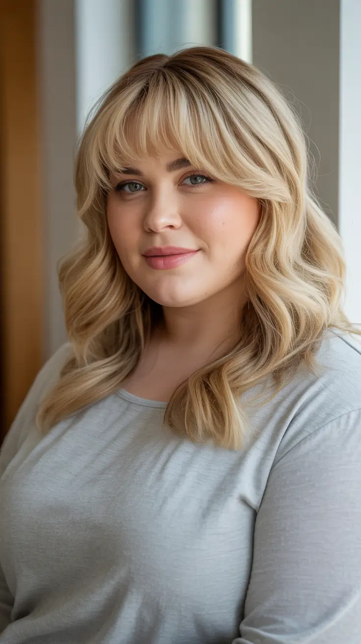 Slimming haircuts for chubby faces 2026 Mid Length Waves With Soft Fringe