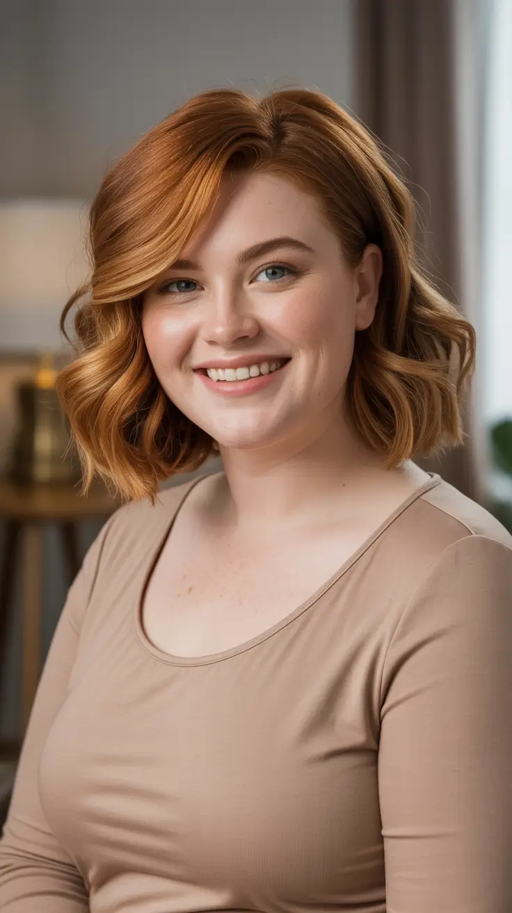 Slimming Haircuts For Chubby Faces 2026 - Coppery Short Waves With Side Part
