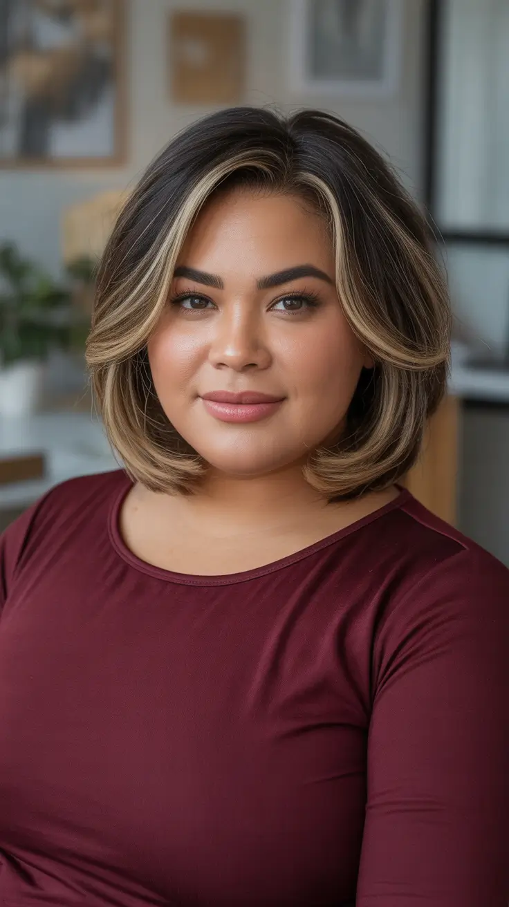 Slimming haircuts for chubby faces 2026 Voluminous Chin Length Bob With Money Piece