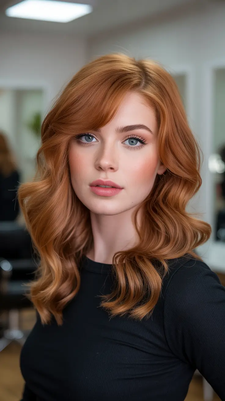 Trendy long hairstyles 2026 Soft Copper Curtain Waves