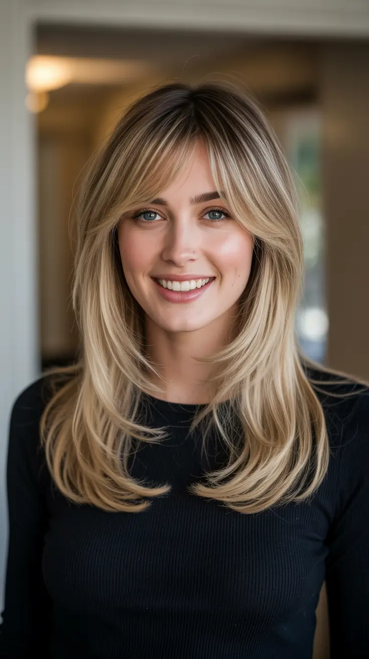 Trendy long hairstyles 2026 Feathered Blonde Layers With Soft Curtain Bangs