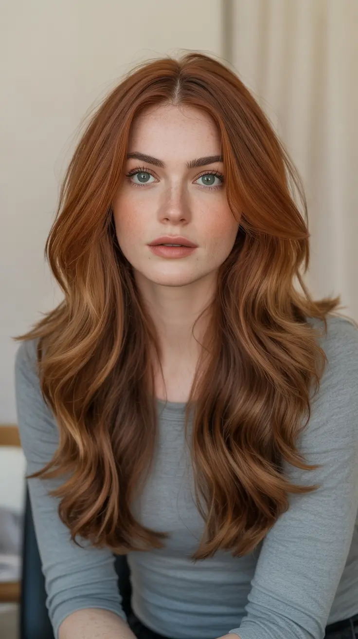Trendy long hairstyles 2026 Cinnamon Copper Layers With Soft Center Part