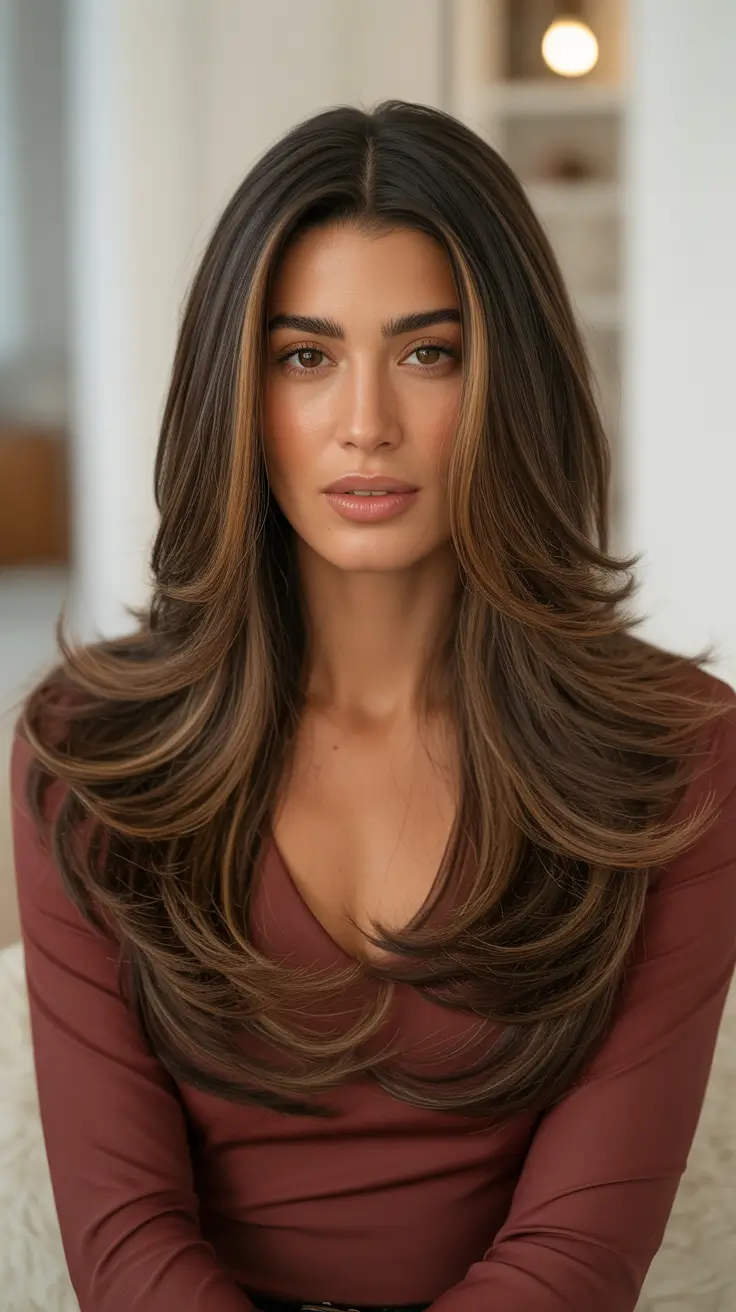 Trendy long hairstyles 2026 Rich Brunette Blowout With Cascading Layers
