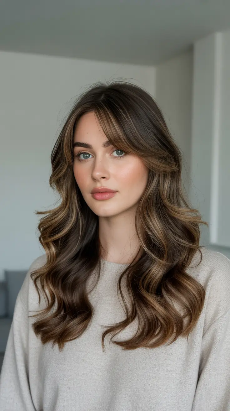 Trendy long hairstyles 2026 Soft Curtain Fringe With Hazelnut Waves