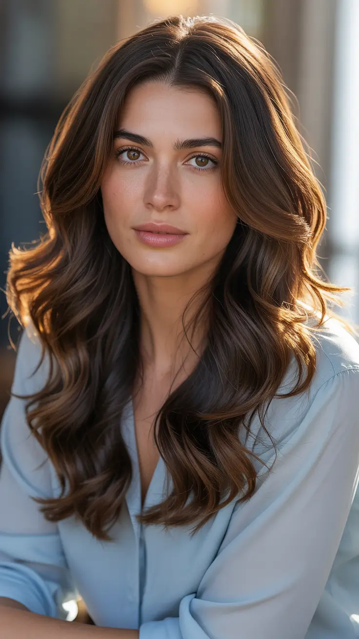 Trendy Long Hairstyles 2026 Glossy Brunette Waves With Subtle Face Framing