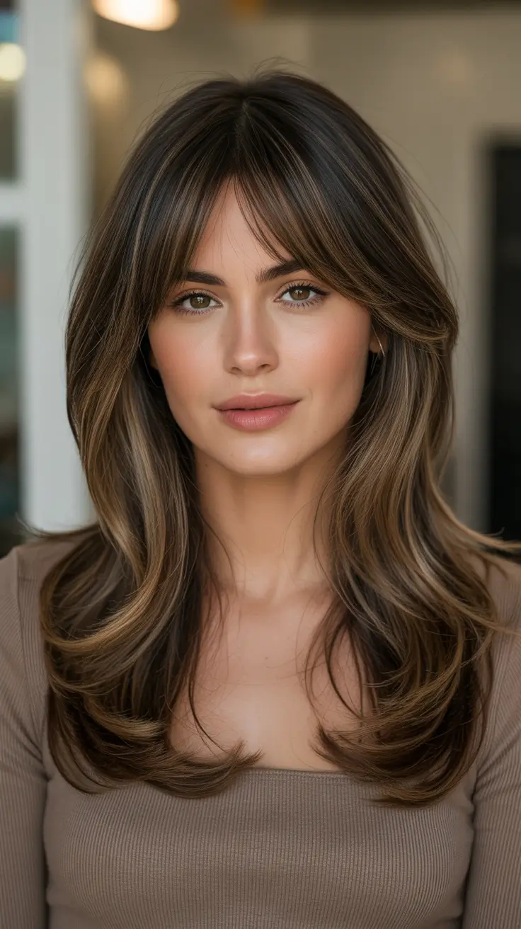 Trendy Long Hairstyles 2026 Soft Balayage Layers With Curtain Bangs