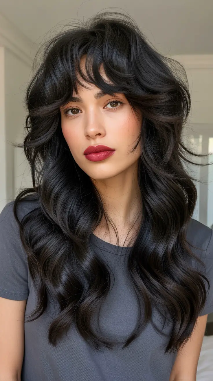 Trendy Long Hairstyles 2026 Inky Wolf Layers With Tousled Fringe
