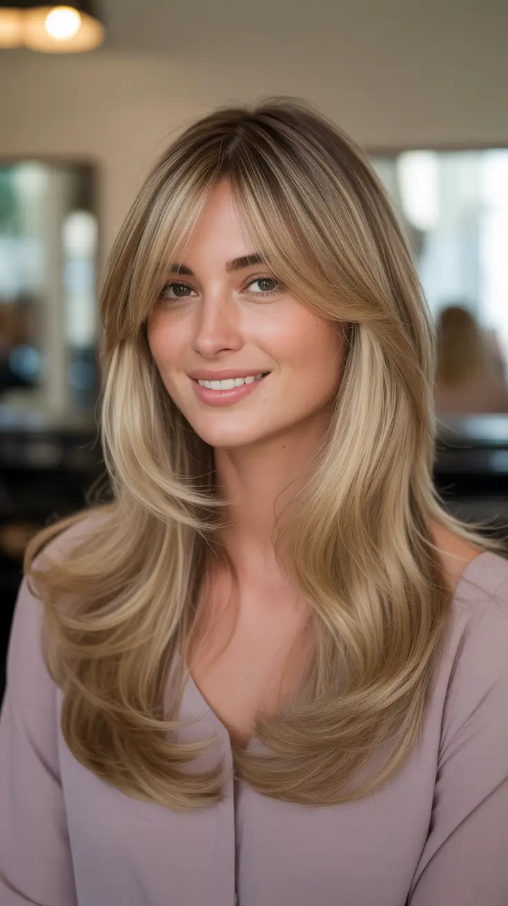 Trendy long hairstyles 2026 Vanilla Blonde Butterfly Layers With Curtain Fringe