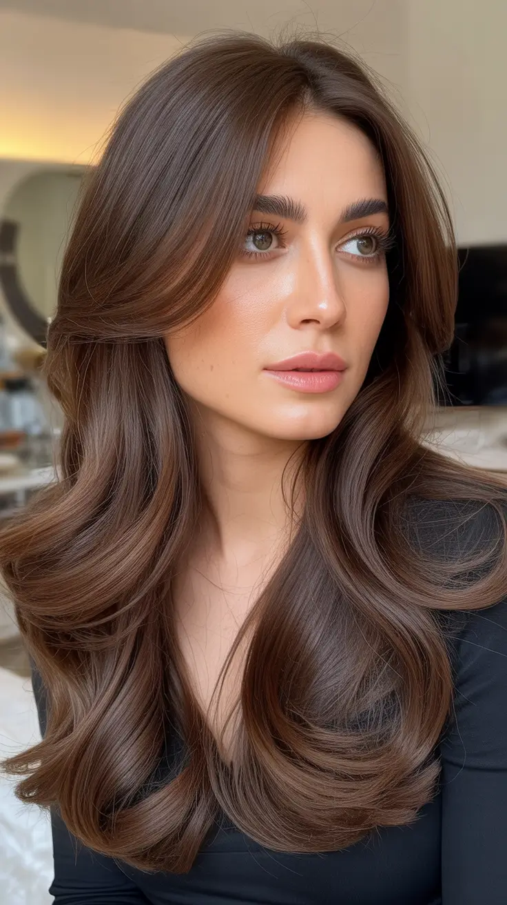 Trendy Long Hairstyles 2026 Chocolate Blowout With Luxe Face Layers