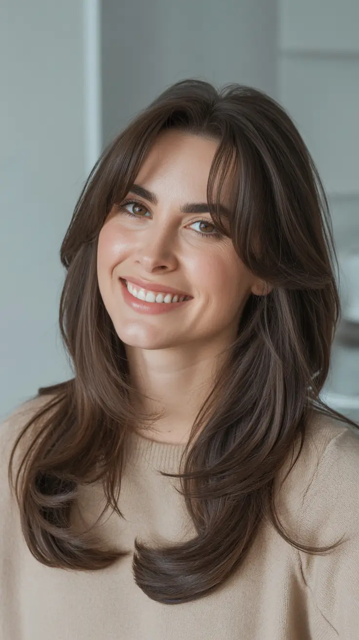 Trendy Long Hairstyles 2026 Soft Layered Brunette With Easy Curtain Bangs