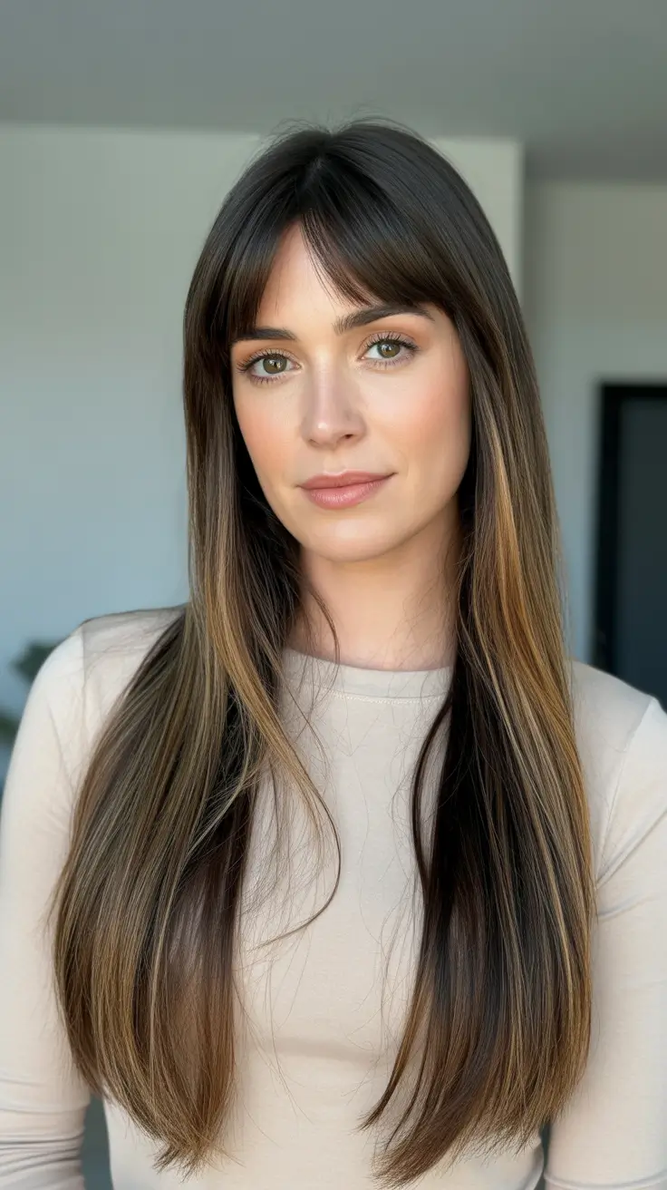 Trendy long hairstyles 2026 Ultra Sleek Length With Classic Full Fringe