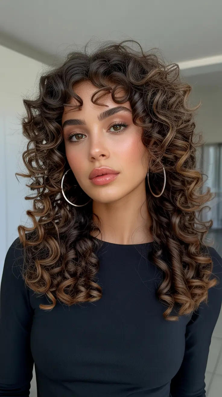 Trendy long hairstyles 2026 Defined Curly Layers With Voluminous Fringe