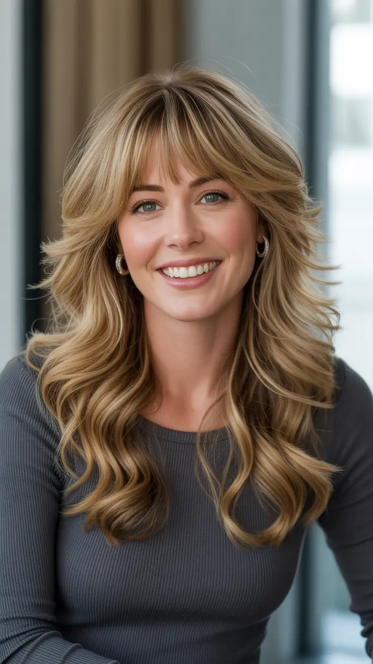 Trendy long hairstyles 2026 Golden Shaggy Layers With Playful Bangs