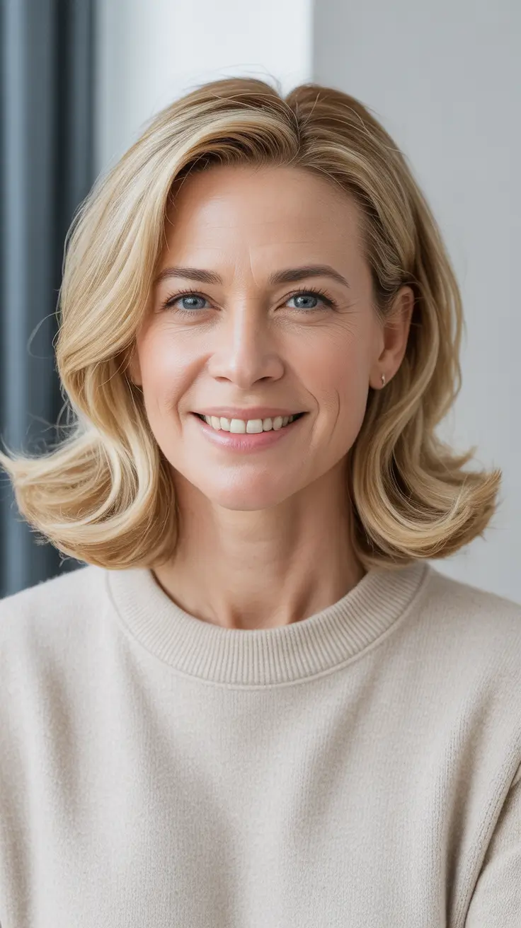 Trendy Haircuts For Women Over 40 2026 - Classic Medium Blonde Bob With Flipped Ends