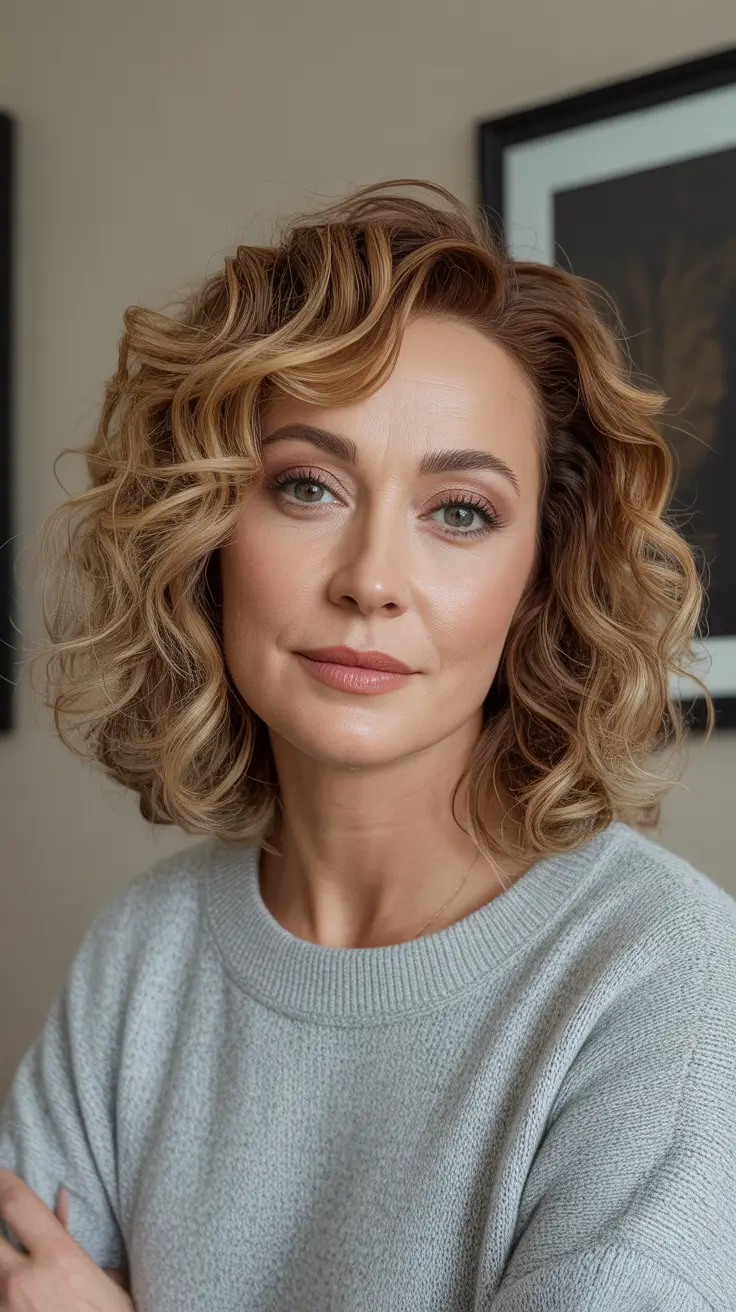 Trendy Haircuts For Women Over 40 2026 - Soft Curly Lob With Sunlit Highlights