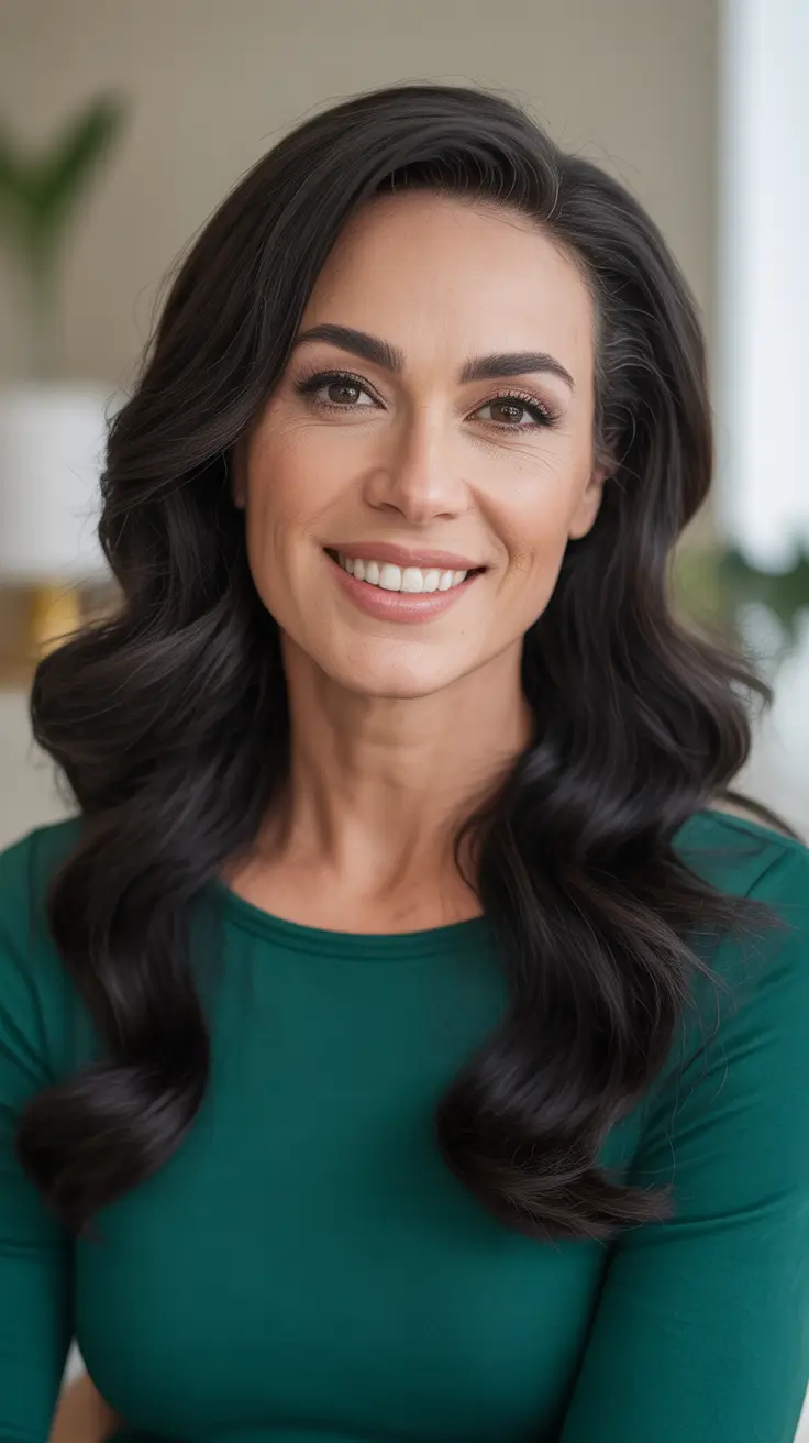 Trendy Haircuts For Women Over 40 2026 - Glossy Long Waves In Deep Brunette