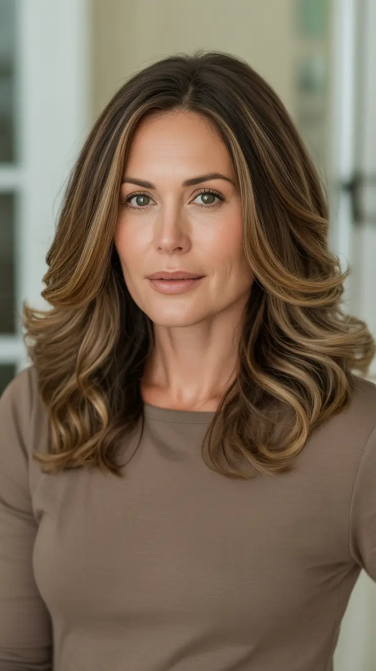 Trendy Haircuts For Women Over 40 2026 - Long Layered Brunette Waves With Subtle Balayage