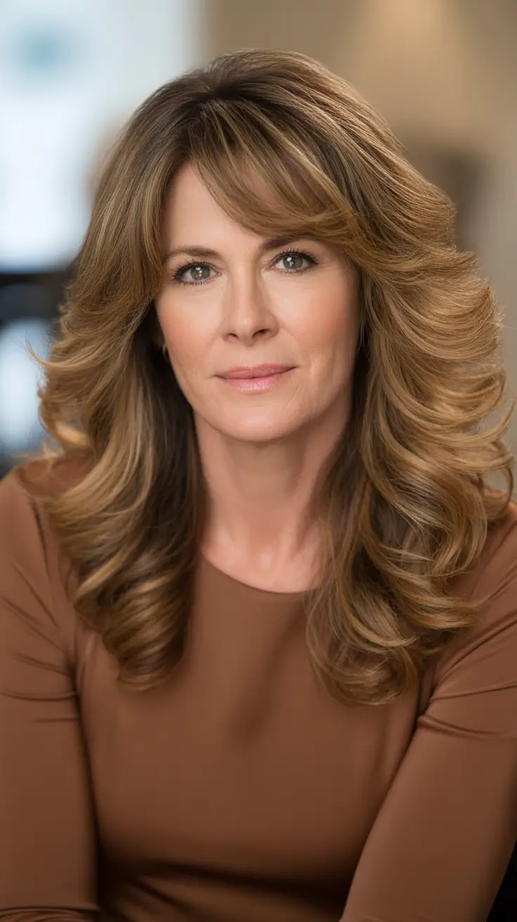 Trendy haircuts for women over 50 - 2026 - Soft Layered Blowout With Swoopy Bangs