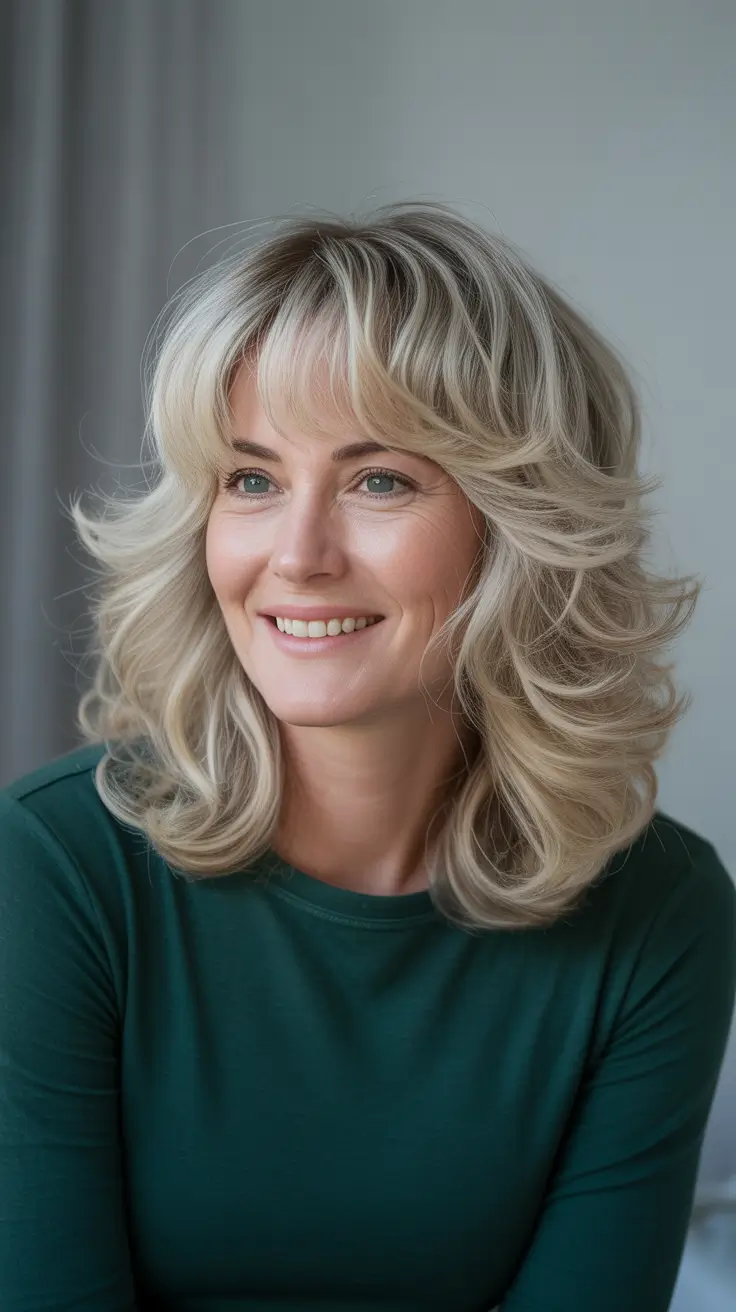 Trendy haircuts for women over 50 - 2026 - Feathered Blonde Shag With Soft Curtain Bangs