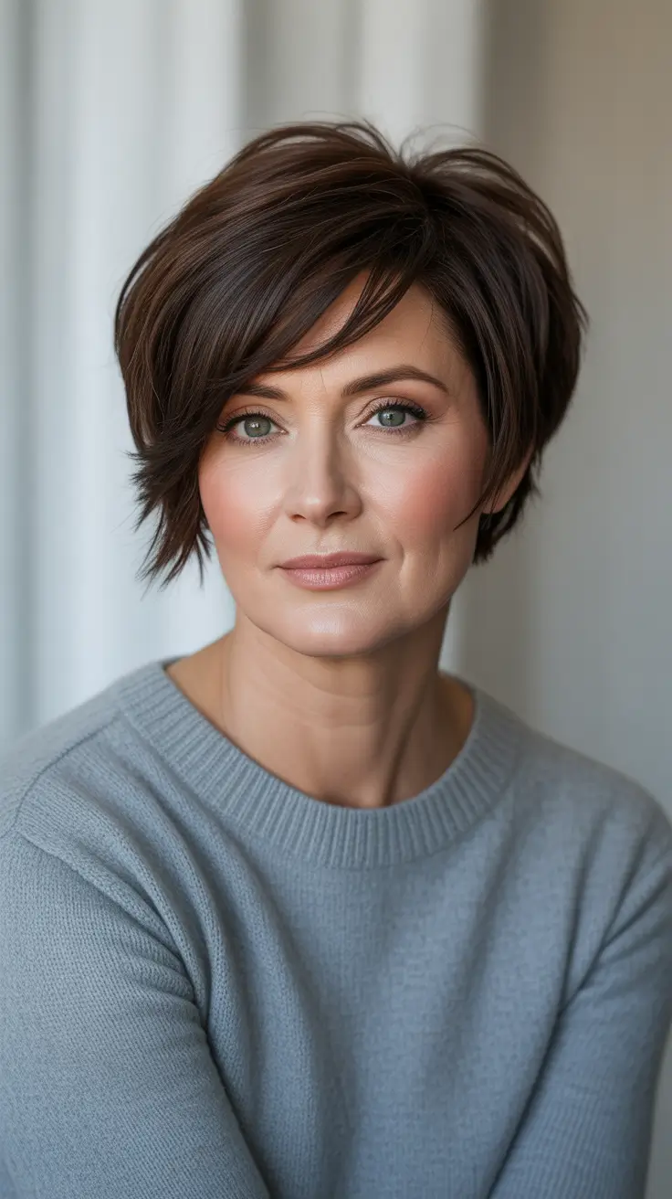 Trendy haircuts for women over 50 - 2026 - Chic Asymmetrical Pixie With Side-Swept Layers